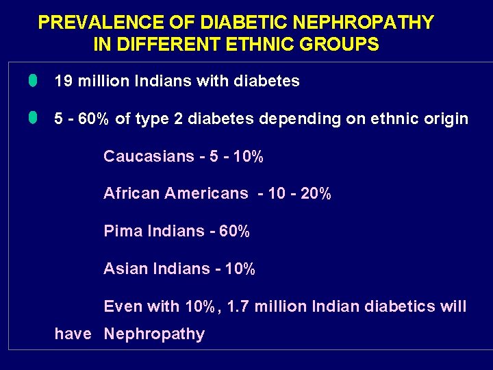 PREVALENCE OF DIABETIC NEPHROPATHY IN DIFFERENT ETHNIC GROUPS 19 million Indians with diabetes 5