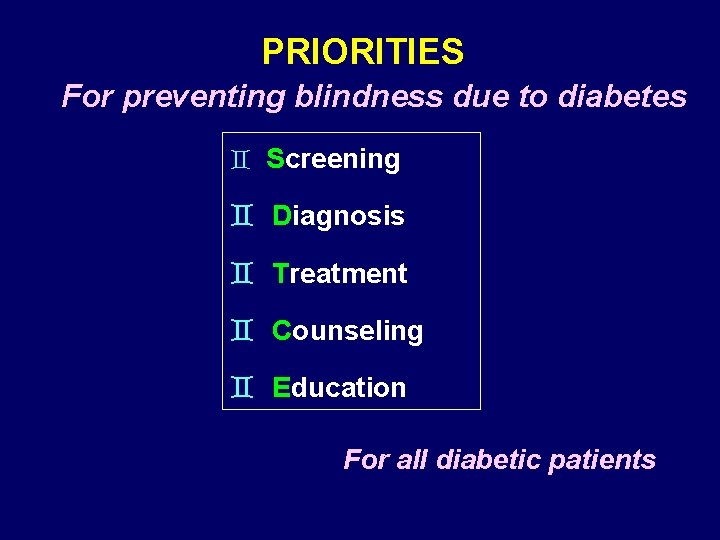 PRIORITIES For preventing blindness due to diabetes ` Screening ` Diagnosis ` Treatment `