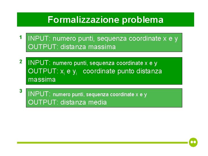 Formalizzazione problema 1 INPUT: numero punti, sequenza coordinate x e y OUTPUT: distanza massima