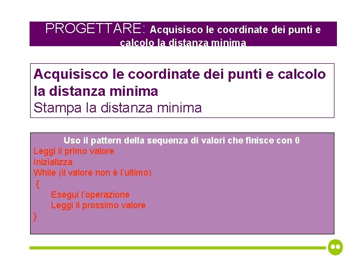 PROGETTARE: Acquisisco le coordinate dei punti e calcolo la distanza minima Stampa la distanza