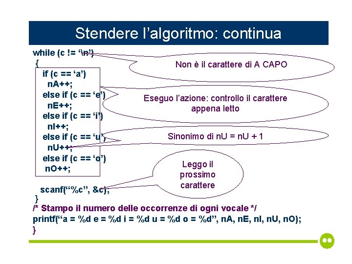 Stendere l’algoritmo: continua while (c != ‘n’) { if (c == ‘a’) n. A++;