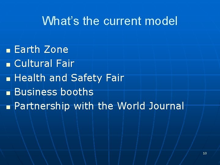 What’s the current model n n n Earth Zone Cultural Fair Health and Safety