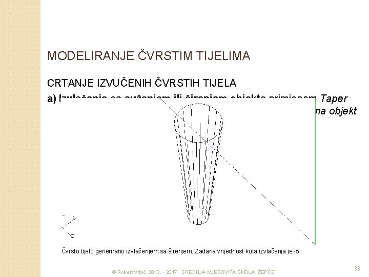 MODELIRANJE ČVRSTIM TIJELIMA CRTANJE IZVUČENIH ČVRSTIH TIJELA a) Izvlačenje sa suženjem ili širenjem objekta