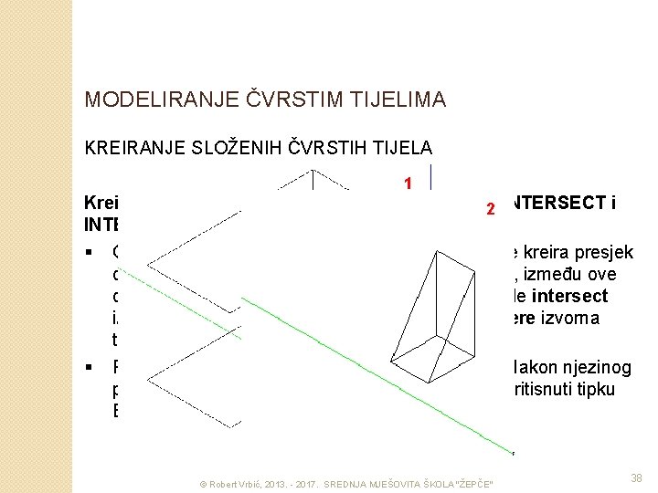 MODELIRANJE ČVRSTIM TIJELIMA KREIRANJE SLOŽENIH ČVRSTIH TIJELA 1 Kreiranje presjeka dvaju čvrstih tijela –