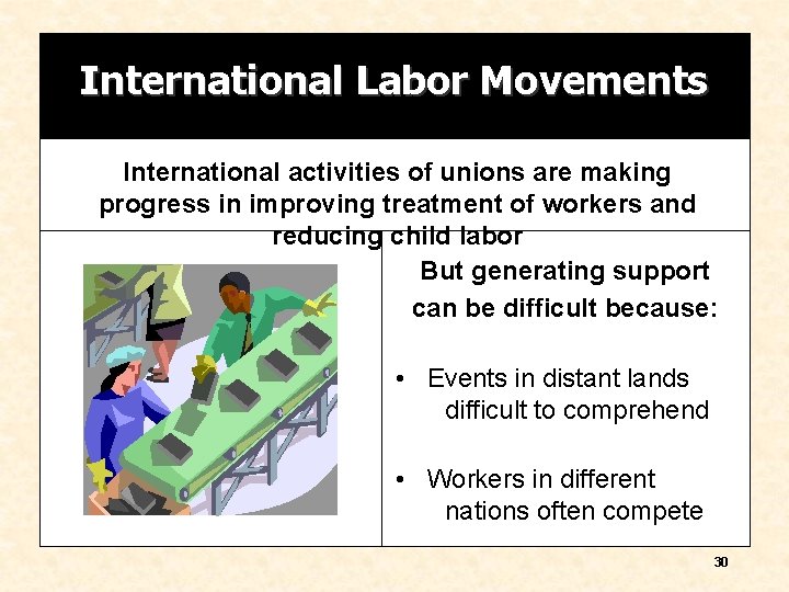 International Labor Movements International activities of unions are making progress in improving treatment of