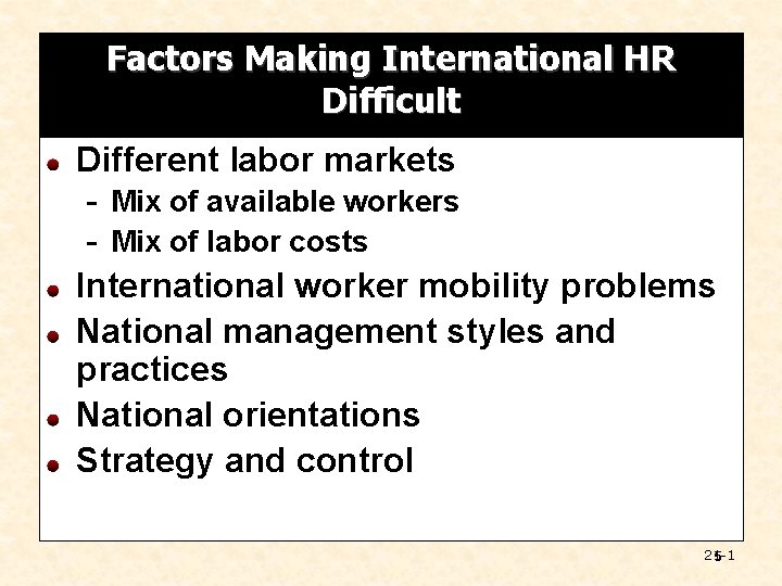 Factors Making International HR Difficult Different labor markets - Mix of available workers -