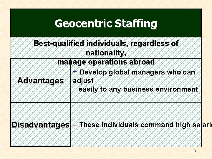 Geocentric Staffing Best-qualified individuals, regardless of nationality, manage operations abroad + Develop global managers