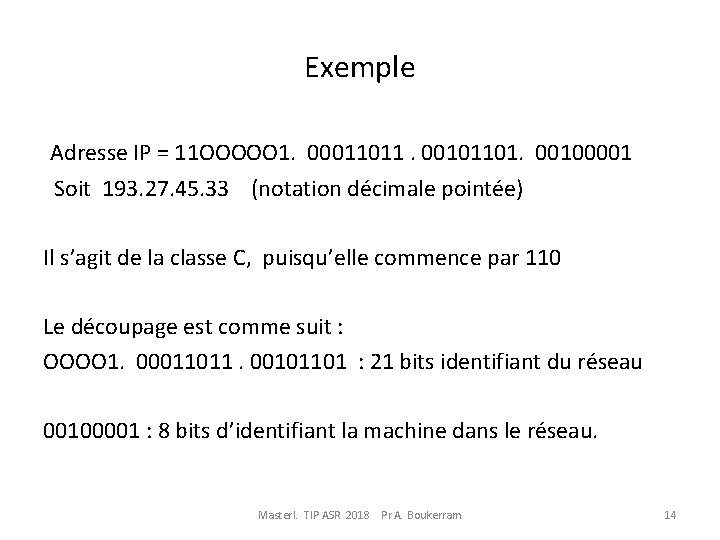 Exemple Adresse IP = 11 OOOOO 1. 00011011. 00101101. 00100001 Soit 193. 27. 45.