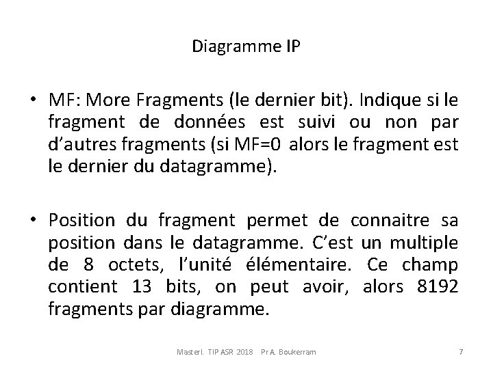 Diagramme IP • MF: More Fragments (le dernier bit). Indique si le fragment de