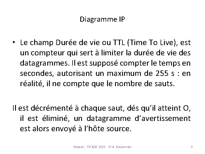 Diagramme IP • Le champ Durée de vie ou TTL (Time To Live), est