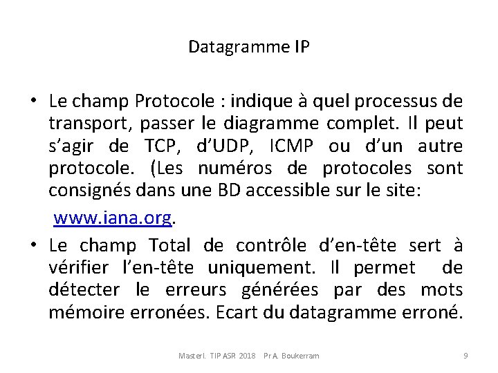 Datagramme IP • Le champ Protocole : indique à quel processus de transport, passer