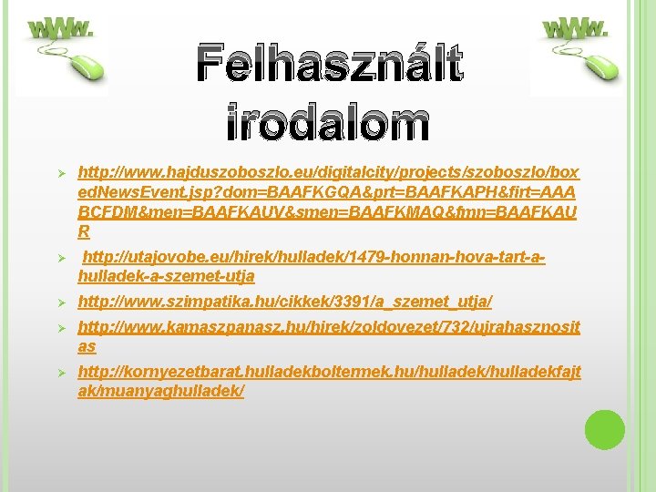 Felhasznált irodalom Ø http: //www. hajduszoboszlo. eu/digitalcity/projects/szoboszlo/box ed. News. Event. jsp? dom=BAAFKGQA&prt=BAAFKAPH&firt=AAA BCFDM&men=BAAFKAUV&smen=BAAFKMAQ&fmn=BAAFKAU R