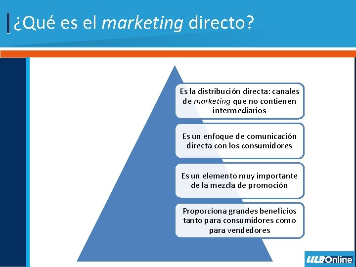 ¿Qué es el marketing directo? Es la distribución directa: canales de marketing que no