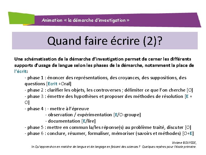 Animation « la démarche d’investigation » Quand faire écrire (2)? Une schématisation de la