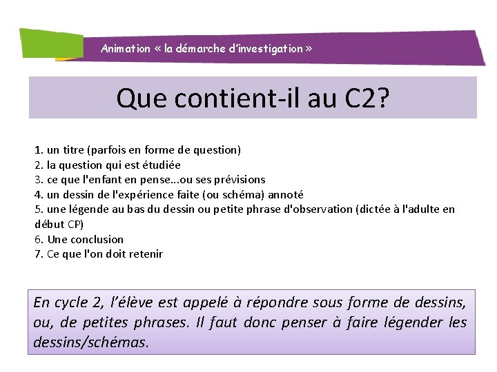 Animation « la démarche d’investigation » Que contient-il au C 2? 1. un titre