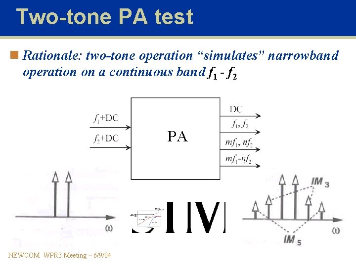 Two-tone PA test n Rationale: two-tone operation “simulates” narrowband operation on a continuous band