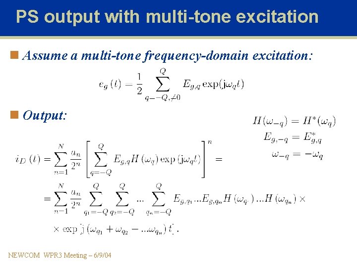 PS output with multi-tone excitation n Assume a multi-tone frequency-domain excitation: n Output: NEWCOM