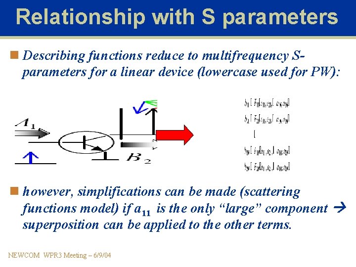 Relationship with S parameters n Describing functions reduce to multifrequency Sparameters for a linear