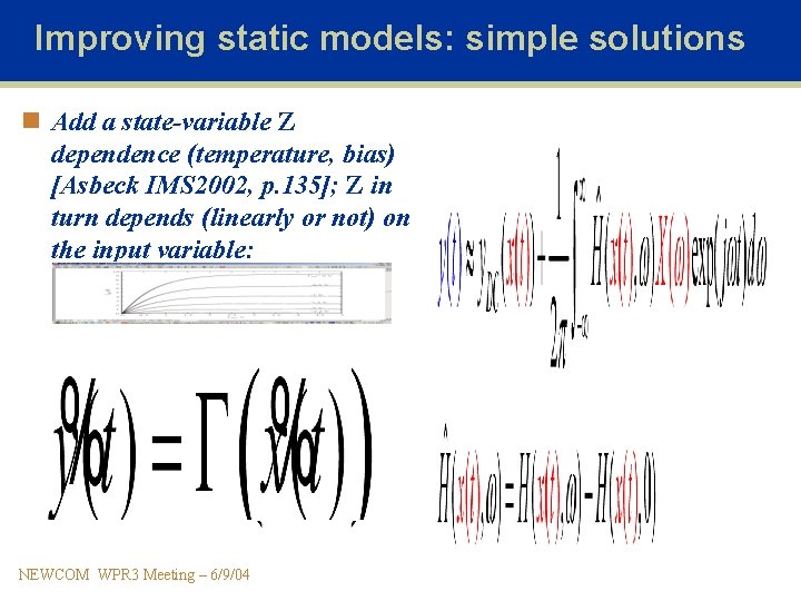 Improving static models: simple solutions n Add a state-variable Z dependence (temperature, bias) [Asbeck