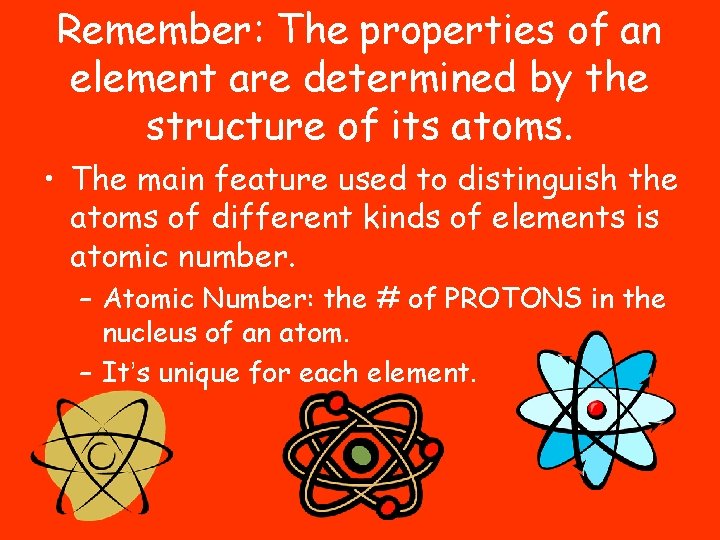 Remember: The properties of an element are determined by the structure of its atoms.