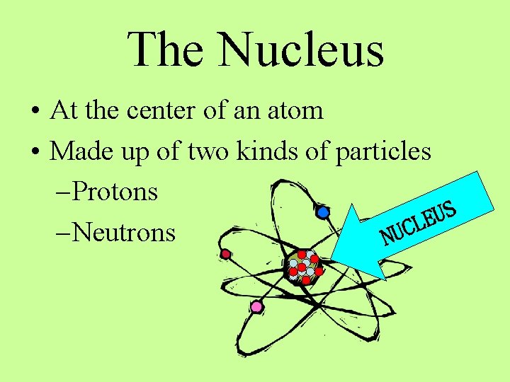 The Nucleus • At the center of an atom • Made up of two