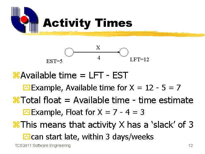 Activity Times X EST=5 4 LFT=12 z. Available time = LFT - EST y.