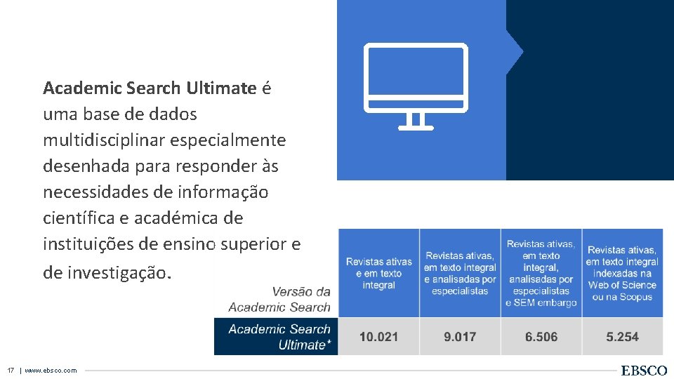 Academic Search Ultimate é uma base de dados multidisciplinar especialmente desenhada para responder às