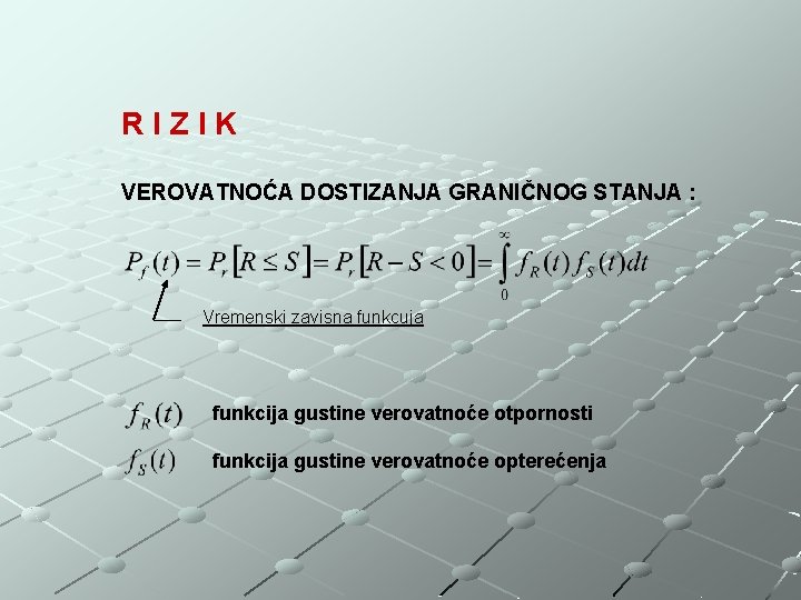 RIZIK VEROVATNOĆA DOSTIZANJA GRANIČNOG STANJA : Vremenski zavisna funkcuja funkcija gustine verovatnoće otpornosti funkcija