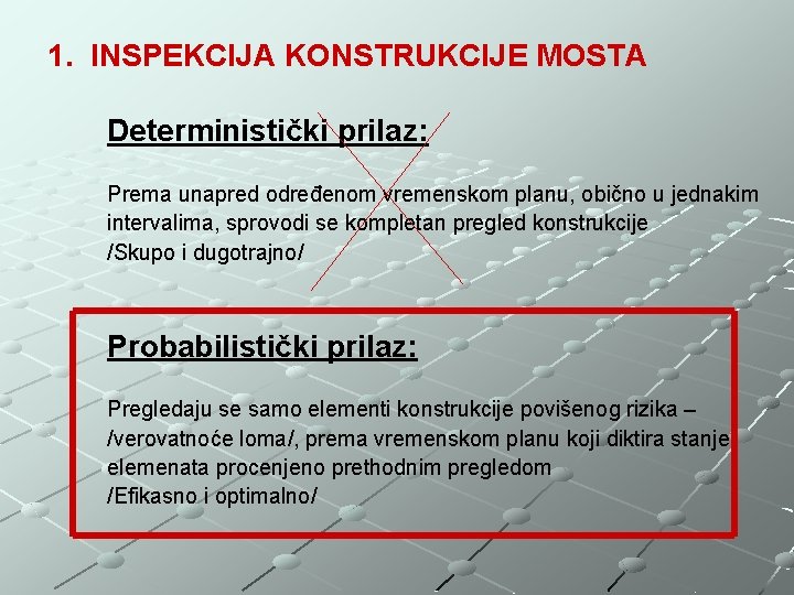 1. INSPEKCIJA KONSTRUKCIJE MOSTA Deterministički prilaz: Prema unapred određenom vremenskom planu, obično u jednakim