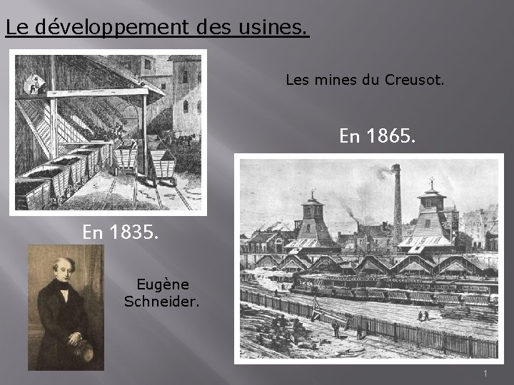 Le développement des usines. Les mines du Creusot. En 1865. En 1835. Eugène Schneider.