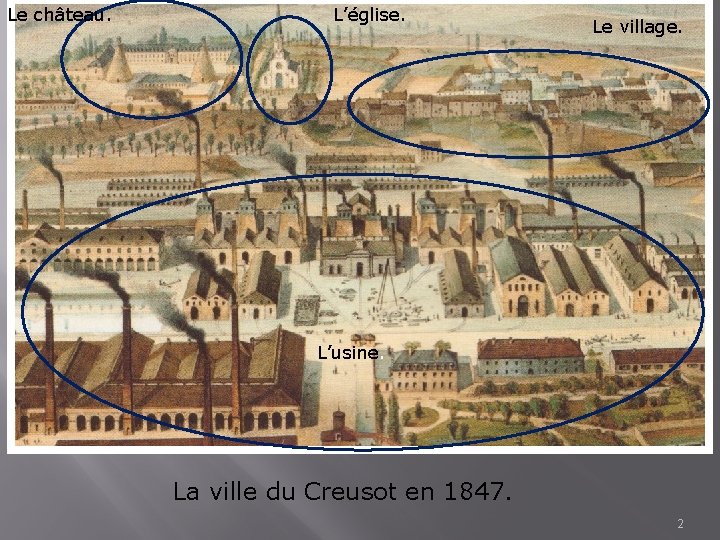 Le château. L’église. Le village. L’usine. La ville du Creusot en 1847. 2 