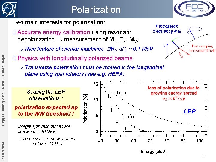 Polarization Two main interests for polarization: q Accurate energy calibration using resonant depolarization measurement