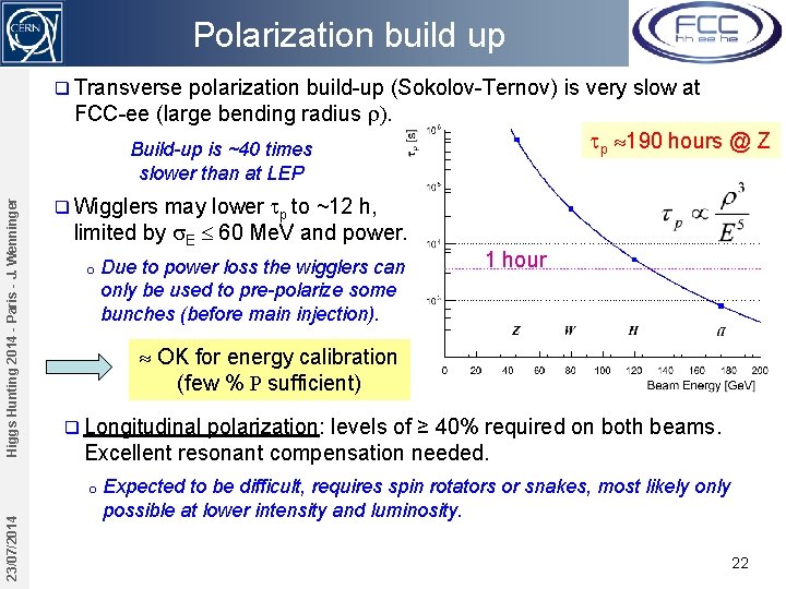 Polarization build up q Transverse polarization build-up (Sokolov-Ternov) is very slow at FCC-ee (large