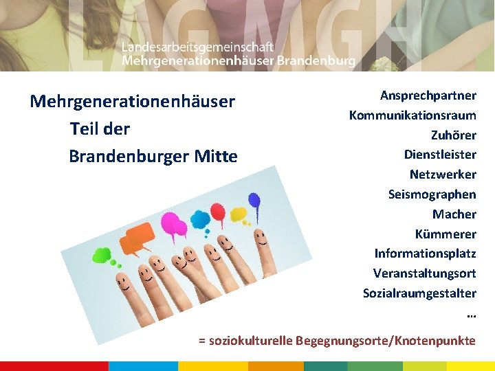 Mehrgenerationenhäuser Teil der Brandenburger Mitte Ansprechpartner Kommunikationsraum Zuhörer Dienstleister Netzwerker Seismographen Macher Kümmerer Informationsplatz