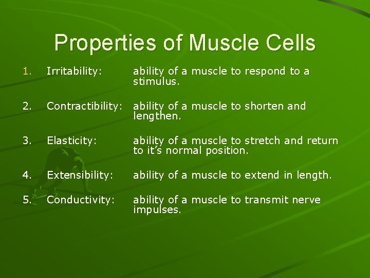 Properties of Muscle Cells 1. Irritability: 2. Contractibility: ability of a muscle to shorten