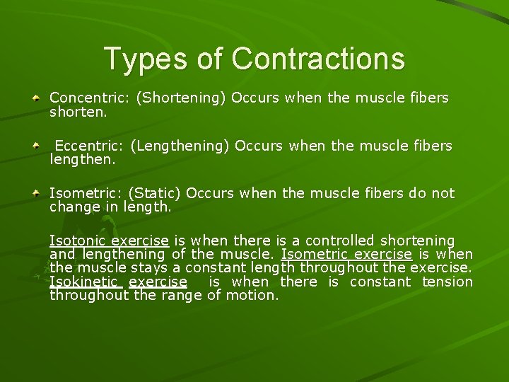 Types of Contractions Concentric: (Shortening) Occurs when the muscle fibers shorten. Eccentric: (Lengthening) Occurs