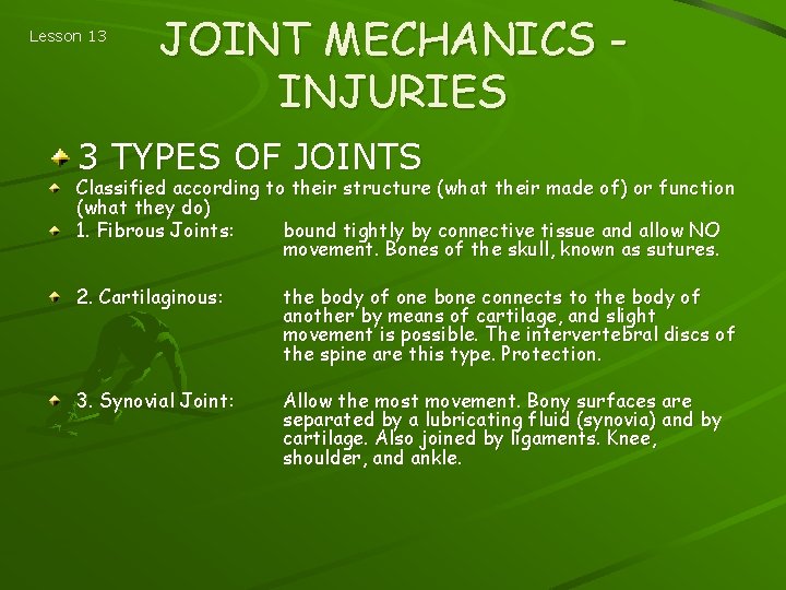 Lesson 13 JOINT MECHANICS INJURIES 3 TYPES OF JOINTS Classified according to their structure