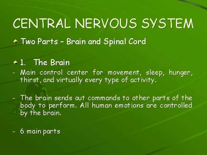 CENTRAL NERVOUS SYSTEM Two Parts – Brain and Spinal Cord 1. The Brain -