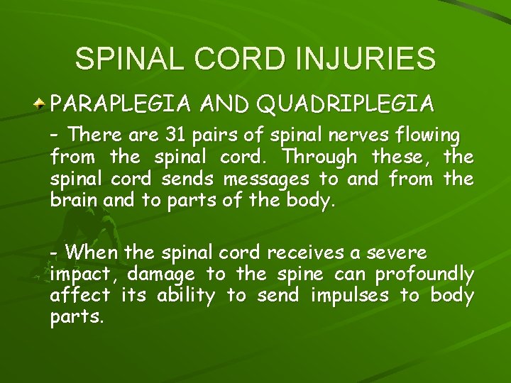 SPINAL CORD INJURIES PARAPLEGIA AND QUADRIPLEGIA - There are 31 pairs of spinal nerves