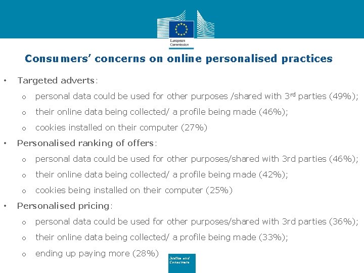 Consumers’ concerns on online personalised practices • • • Targeted adverts: o personal data