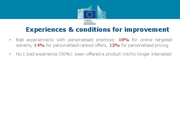 Experiences & conditions for improvement • Bad experience(s) with personalised practices: 18% for online