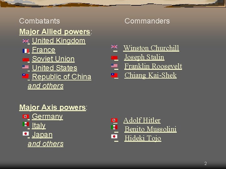 Combatants Major Allied powers: United Kingdom France Soviet Union United States Republic of China