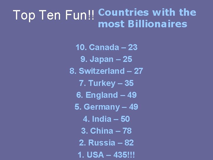 Top Ten Fun!! Countries with the most Billionaires 10. Canada – 23 9. Japan Top Ten Fun!! Countries with the most Billionaires 10. Canada – 23 9. Japan
