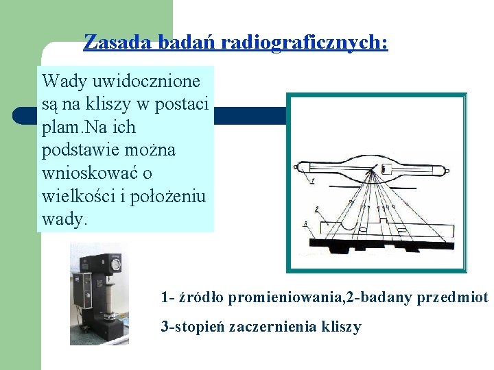 Zasada badań radiograficznych: Wady uwidocznione są na kliszy w postaci plam. Na ich podstawie