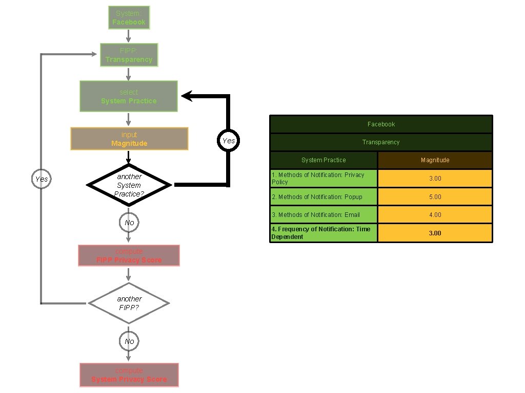 System: Facebook FIPP: Transparency select System Practice Facebook input Magnitude Yes Transparency System Practice