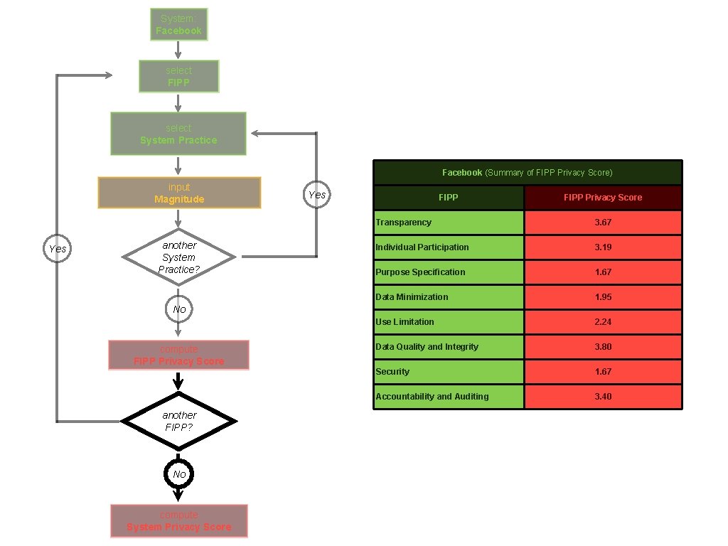 System: Facebook select FIPP select System Practice Facebook (Summary of FIPP Privacy Score) input