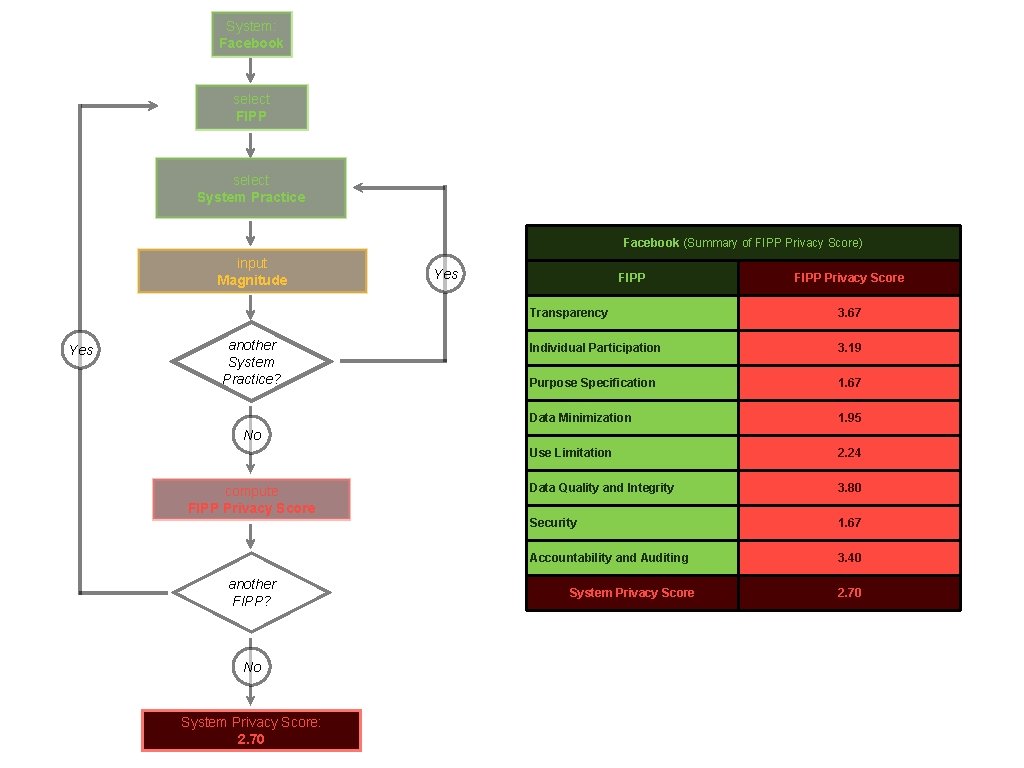 System: Facebook select FIPP select System Practice Facebook (Summary of FIPP Privacy Score) input