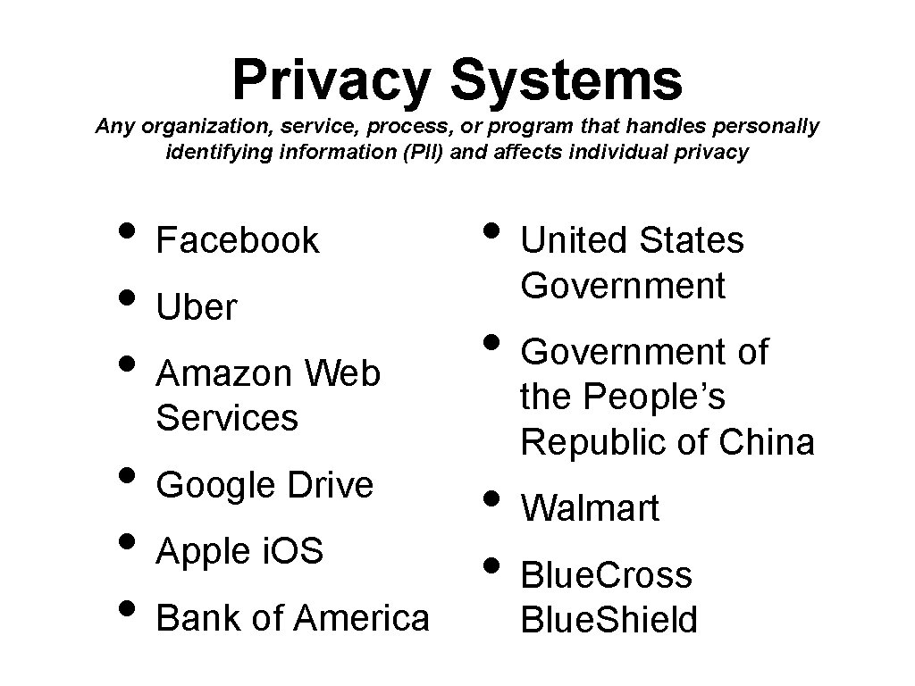 Privacy Systems Any organization, service, process, or program that handles personally identifying information (PII)