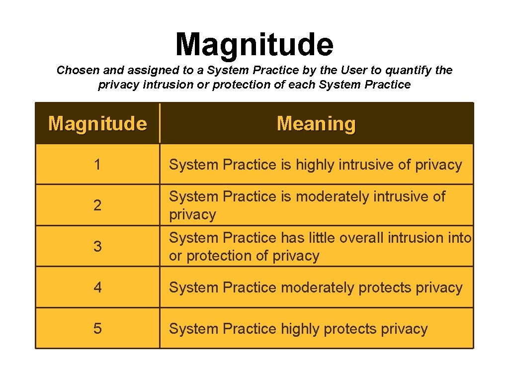 Magnitude Chosen and assigned to a System Practice by the User to quantify the