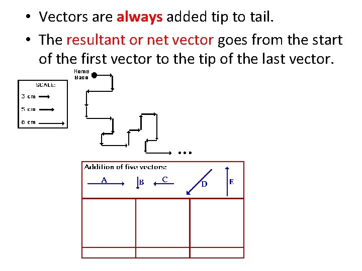  • Vectors are always added tip to tail. • The resultant or net